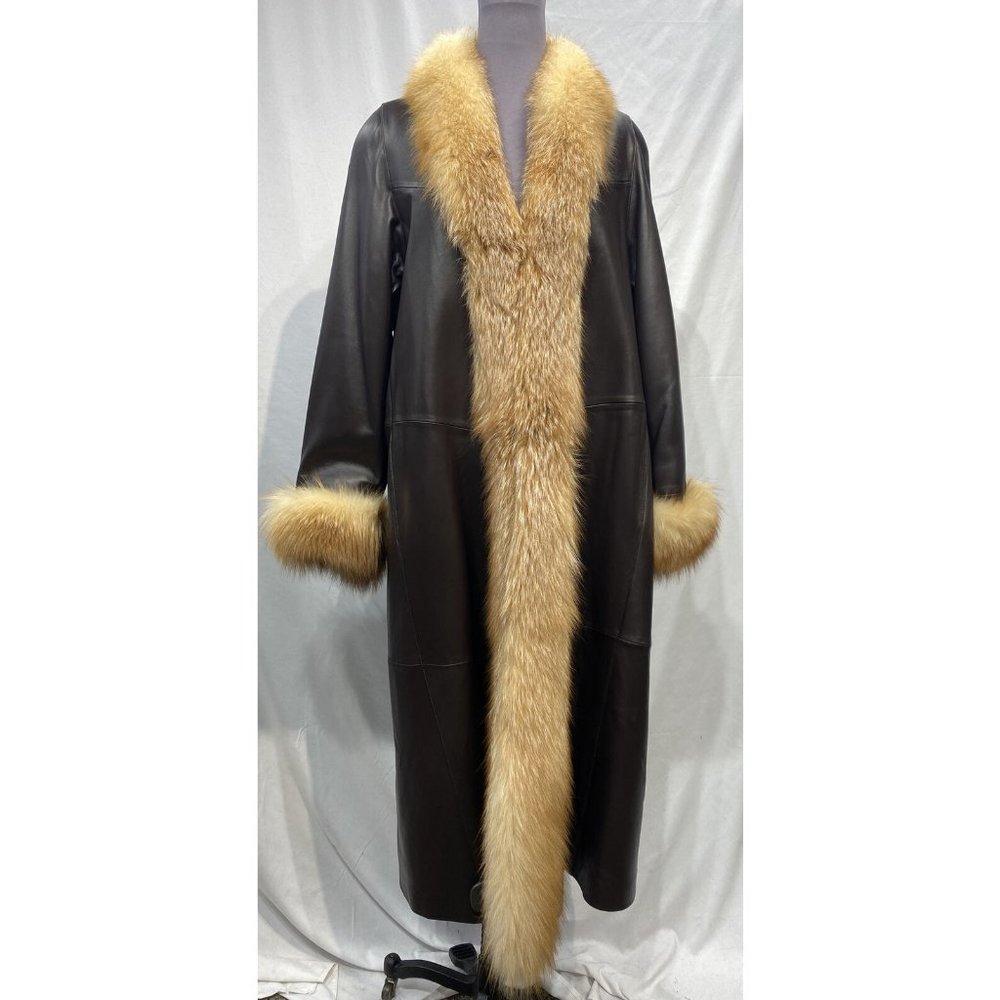 brown lamb leather coat w/ crystal fox cuffs and collar (88015)